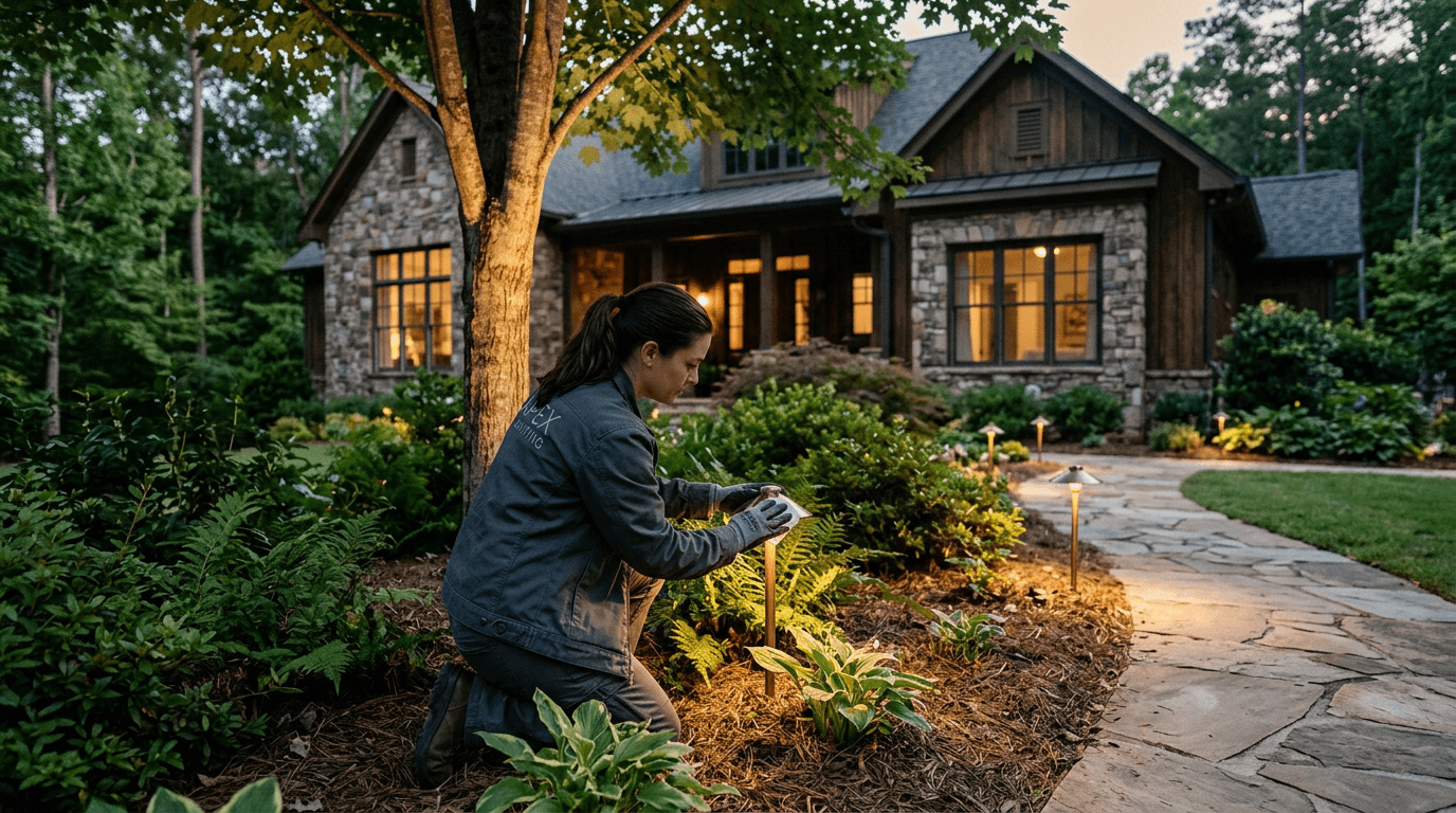 A lighting technician checks a low-voltage landscape fixture during an evening service visit