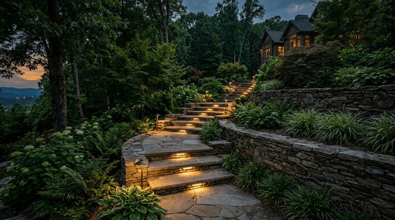 Warm low-level lighting reveals stone steps and retaining walls on a landscaped North Georgia hillside